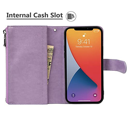 iCoverCase Compatible with iPhone 13 Wallet Phone Case with Card Holder, PU Leather Zipper Pocket Magnetic Detachable Flip Case with Wrist Strap (Purple) - color: Detachable--Purple