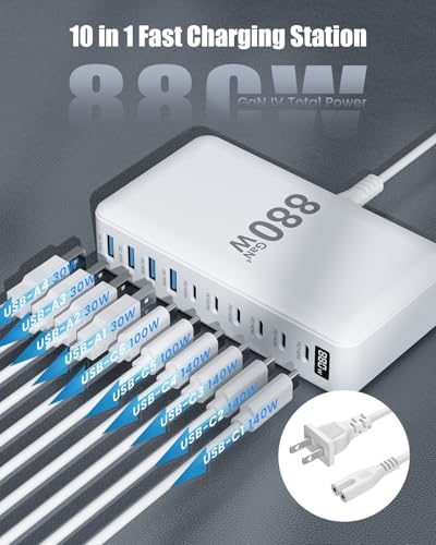 USB C Charger 880W USB C Charger Block,GaN IV 10-Port Charging Station Hub - color: White