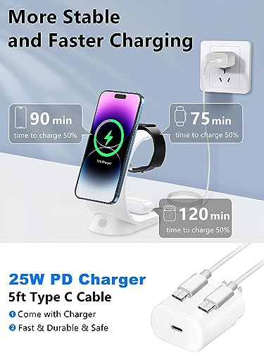 Mag-Safe 3 in 1 Wireless Charging Station, 15W Magnetic Wireless Charger - color: White