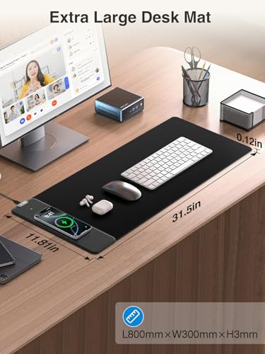 Magnetic Wireless Charging Mouse Pad, 31.5"x11.8" Large Desk Mat - color: Black-31.5"x11.8"-Mag