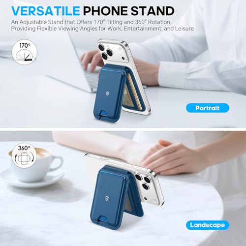 SHIELDON Genuine Leather Magnetic Wallet Stand for MagSafe, Royal Blue | Strong Magnetic, Card Holder, Kickstand, Angle Adjustment, Rfid Blocking, for iPhone 17/16/15/14/13/12 Series & Magnet Case - color: Royal Blue