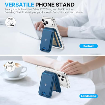 SHIELDON Genuine Leather Magnetic Wallet Stand for MagSafe, Royal Blue | Strong Magnetic, Card Holder, Kickstand, Angle Adjustment, Rfid Blocking, for iPhone 17/16/15/14/13/12 Series & Magnet Case - color: Royal Blue