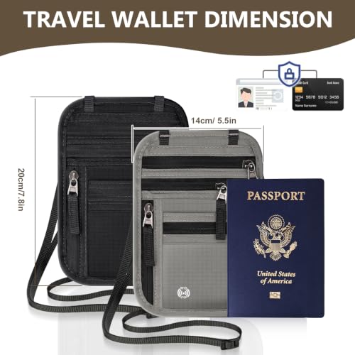 Likesing 5.5" L x 7.9" W Travel Neck Wallet, RFID Passport Pouch(Grey) - color: Grey