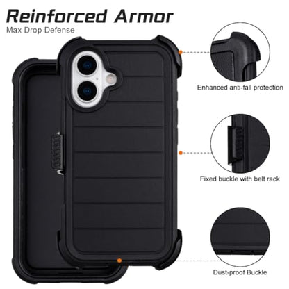 for Defender Phone Case iPhone 16 Case with Clip Holster Kickstand Black | for iPhone 16 Case Heavy Duty iPhone16 Phone Case Rugged 2 Layers of Sturdy,Anti-Drop for Phone Case iPhone 16Case Protective - color: Black