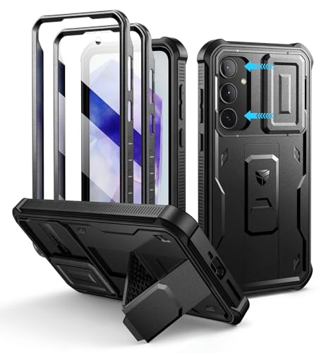 Dexnor for Samsung Galaxy A55-5G Case, [2 Front Frame] [Built-in Slide Camera Cover & Kickstand] Heavy Duty Military Grade Protection Shockproof Phone Case with Screen Protector, 6.6 inch Black - color: Black, size: Samsung A55 5G