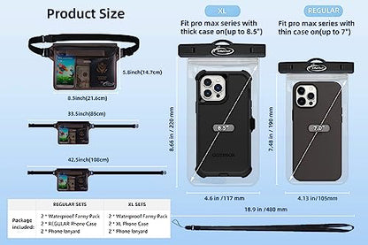 AiRunTech Waterproof Phone Pouch, Cruise Essentials 4-Piece Set, Beach Vacation Kayak Cruise Accessories Must Haves, Waterproof Bag for Travel with Phone Lanyard (2 Phone Cases + 2 Fanny Packs) - color: 2 * phone cases(black) + 2 * fanny packs(clear), siz