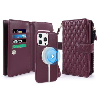 for iPhone 16e/17e Case Wallet,Compatible with MagSafe Magnetic 2 in 1 Magnetic Detachable PU Leather RFID Blocking Wallet Cover Card Holder Zipper Wrist Strap Lanyard,Quilted Wine Red - color: Quilted Wine Red