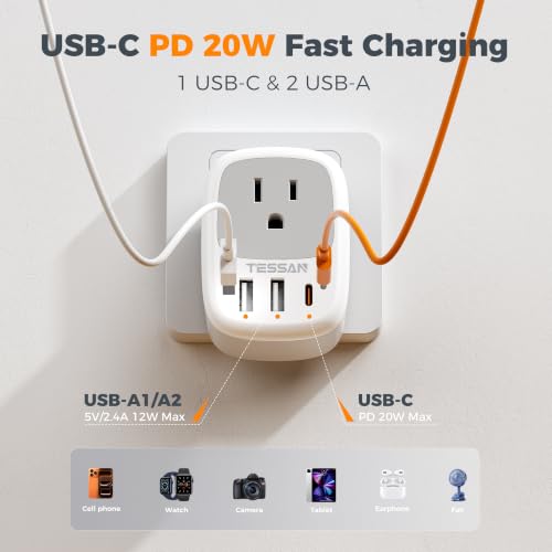 TESSAN Wall Charger Block, 3 USB Charging Ports (1 USB C PD 20W MAX) - color: Grey, size: USB C PD 20W