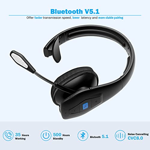 Conambo Bluetooth Headset V5.1, Trucker Bluetooth Headset with CVC8.0 Dual Mic Noise Canceling & Mute Button & 60 Hrs Workingtime Wireless On-Ear Headphones for Trucker Home Office Work Cell Phones