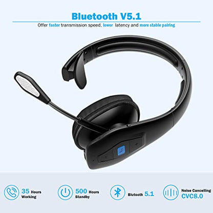 Conambo Bluetooth Headset V5.1, Trucker Bluetooth Headset with CVC8.0 Dual Mic Noise Canceling & Mute Button & 60 Hrs Workingtime Wireless On-Ear Headphones for Trucker Home Office Work Cell Phones