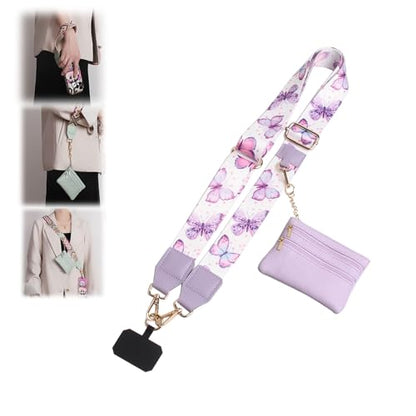 Phone Strap with Zippered Pouch, Clip and Go Strap for Phone with Wallet Crossbody, Adjustable Crossbody Phone Strap-3 - color: Butterfly Purple