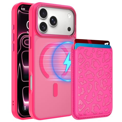 Magnetic Designed for iPhone 17 Pro Case 6.3" 2025, Hot Pink | [Compatible with Magsafe] [with Wallet & Card Holder] [Cute Cheetah Print] Slim Translucent Matte Phone Case - color: Hot Pink+Cheetah, size: iPhone 17 Pro