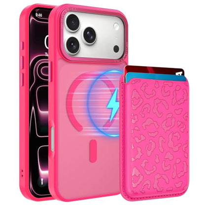 Magnetic Designed for iPhone 17 Pro Case 6.3" 2025, Hot Pink | [Compatible with Magsafe] [with Wallet & Card Holder] [Cute Cheetah Print] Slim Translucent Matte Phone Case - color: Hot Pink+Cheetah, size: iPhone 17 Pro