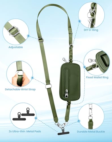 SHANSHUI Clip and Go Phone Strap Wallet Crossbody Phone Lanyard, Detachable Wristlet Strap with Zipper Phone Screen ID Window, 2 Pcs Metal Tether Pads Compatibe for iPhone & Most Smartphones Green - color: Green