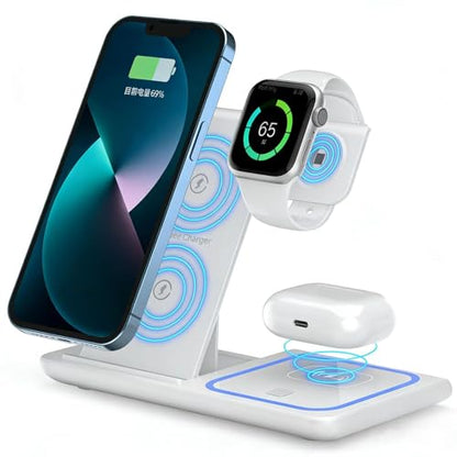 Wireless Charging Station 3 in 1 for Phone Watch and Earbuds Compact Desktop Charging Stand Flat Base Design for Home Office Travel, 6.5 x 6.5 x 0.8 Inch - color: white