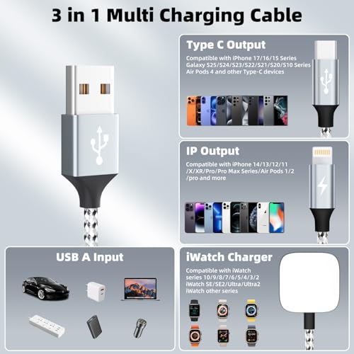 Travel Essentials 3in1 Multi Charging Cable for iPhone Watch Charger 3PK5FT - color: Light Gray&White, size: AC to C+L+iWatch
