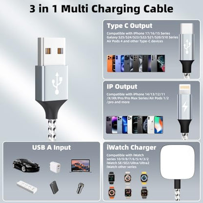Travel Essentials 3in1 Multi Charging Cable for iPhone Watch Charger 3PK5FT - color: Light Gray&White, size: AC to C+L+iWatch