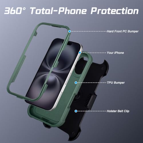 Defender Phone Case for iPhone 16 Case with Clip Holster Kickstand Green | for iPhone 16 Case Heavy Duty iPhone16 Phone Case Rugged 2 Layers of Sturdy,Anti-Drop for Phone Case iPhone 16Case Protective - color: Green