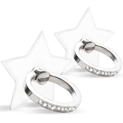 [2 Pack] Transparent Diamond Setting Cell Phone Ring Holder Stand,360 Degree Rotation and 180 Degree Adjustable Finger Ring Kickstand with Polished Electroplated Phone Grip (Pentagram)