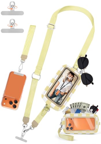 takyu Phone Strap Crossbody with Detachable RFID Wallet - color: Beige White Checkered