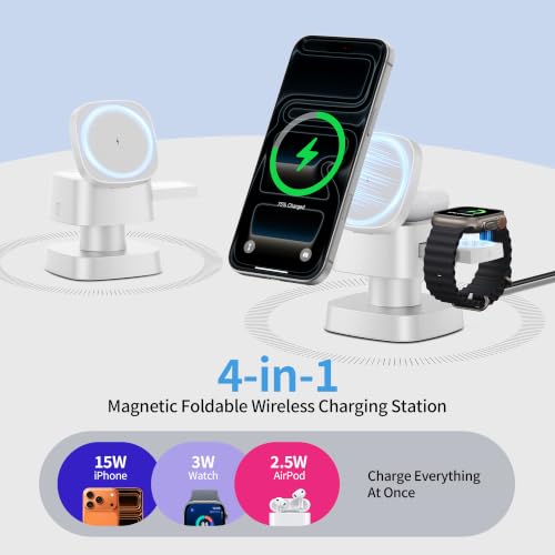 4 in 1 Magnetic Wireless Charging Station,15W Fast Charging with Adjustable Night Light,3 in 1 Wireless Charging Station for iPhone 17/16/15/14/13/12/11 Pro Max & Apple Watch,AirPods (White) - color: White