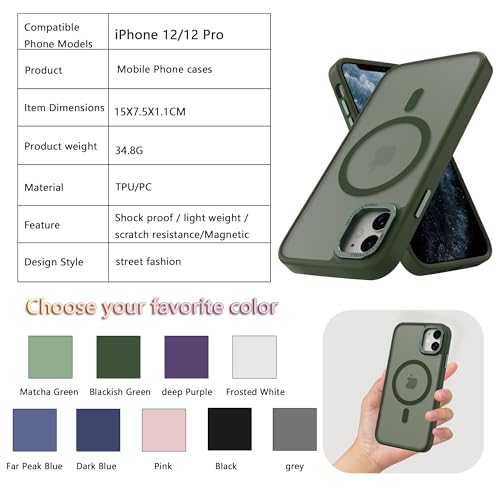 Magnetic iPhone 12/12Pro case,Compatible with Magsafe, Military-Grade Protection,Slim Translucent Matte Shockproof with Anti-Scratch Anti-Fingerprint Phone Cover (blackish green, iPhone 12/12Pro) - color: Blackish Green, size: iPhone 12/12Pro