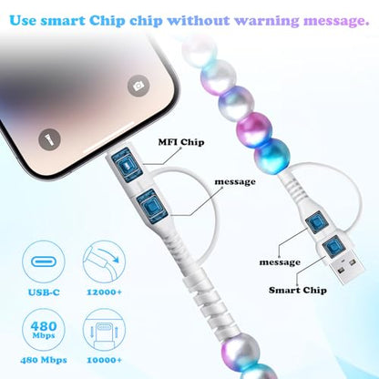 USB C Charging Cable Beaded Charger Cord 4 in 1 [MFi Certified] - color: Pearl 4 in 1