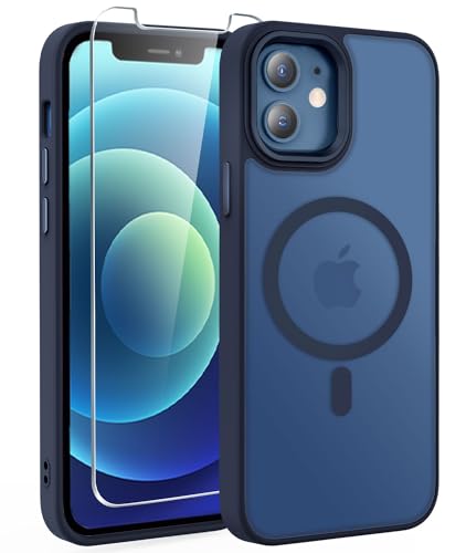 WRJ Magnetic Case for iPhone 12 with Screen Protector,Blue | Compatible with Magsafe,Military Grade Drop Protection,Slim Translucent Anti-Fingerprints Shockproof Protective Phone Case - color: Blue, size: For Iphone 12 6.1-Inch