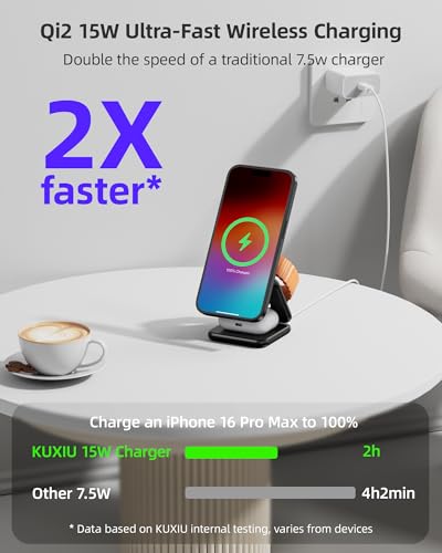 KUXIU Qi2-Certified 15W 3 in 1 Magnetic Wireless Charging Station for Apple - color: Black