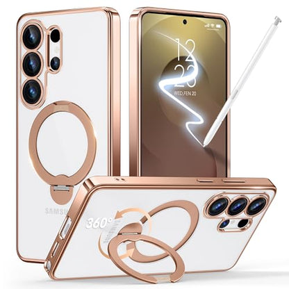GolbinBox Magnetic for Samsung Galaxy S26 Ultra Case with 360° Spin Stand | [Compatible with MagSafe][Military Drop Protection] Shockproof Galaxy S26 Ultra Phone Cover with Kickstand, Rose Gold/Clear - color: Rose Gold/Clear