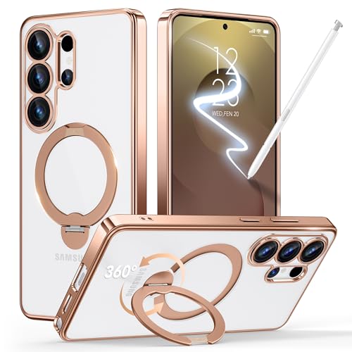 GolbinBox Magnetic for Samsung Galaxy S26 Ultra Case with 360° Spin Stand | [Compatible with MagSafe][Military Drop Protection] Shockproof Galaxy S26 Ultra Phone Cover with Kickstand, Rose Gold/Clear - color: Rose Gold/Clear