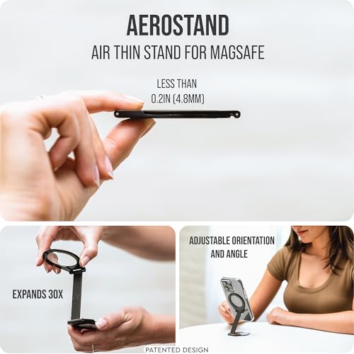 Aerostand: Thinnest Stand for MagSafe Cases and MagSafe PopSockets® - Fits in Any Pocket, Purse or Airplane Tray. Expands 30X, Tactical Zinc Alloy, Includes Travel Pouch. - Midnight