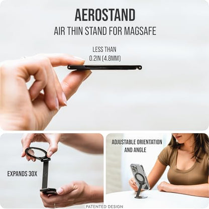 Aerostand: Thinnest Stand for MagSafe Cases and MagSafe PopSockets® - Fits in Any Pocket, Purse or Airplane Tray. Expands 30X, Tactical Zinc Alloy, Includes Travel Pouch. - Midnight