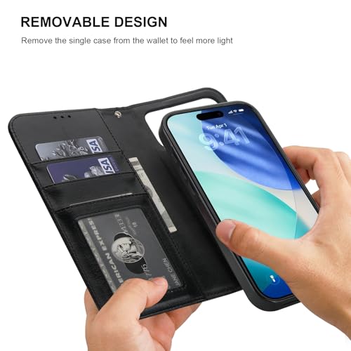 Bocasal Detachable Wallet Case Card Holder for iPhone 17 Pro Max Black | RFID Blocking Kickstand Card Slots Holder PU Leather Magnetic Shockproof Wrist Strap Removable Flip Protective Cover 6.9 inch - color: Black
