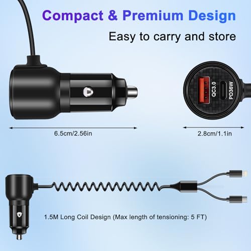 BUNUD Car Charger USB C Fast Charge, 66W Car Phone Charger, 4-in-1 & Coiled