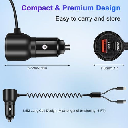 BUNUD Car Charger USB C Fast Charge, 66W Car Phone Charger, 4-in-1 & Coiled
