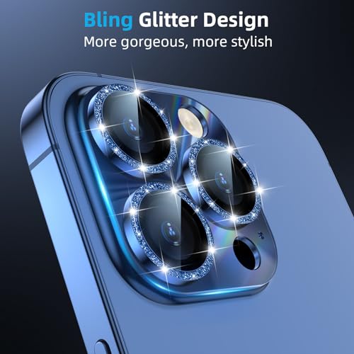 YWXTW Camera Lens Protector for iPhone 15 Pro Max/iPhone 15 Pro, [Lithography Laser Gradient] [5X Strengthen] Tempered Glass Screen Protector Metal Ring Back Camera Lens Cover (Blue Glitter) - color: Blue Glitter