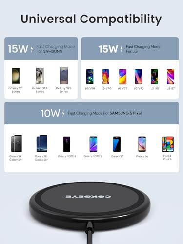 COKOEYE Wireless Charger, 15W Max Fast Wireless Charging Pad 2-Pack Compatible with iPhone 17/17 Air/17 Pro/17 Pro Max/16/15/14/13/12/Samsung S24/S24Ultra/S23Ultra/S22/S21,AirPods Pro2 - color: Black