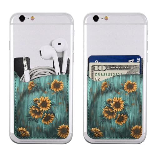 Sunflower Teal Board Wallet Phone Card Holder Wood Pattern Flower Phone Adhesive Card Holder PU Leather Slim Card Holder for Phone Wallet Stick on - color: Sunflower