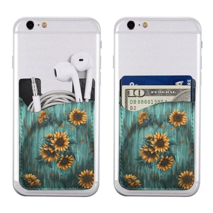 Sunflower Teal Board Wallet Phone Card Holder Wood Pattern Flower Phone Adhesive Card Holder PU Leather Slim Card Holder for Phone Wallet Stick on - color: Sunflower