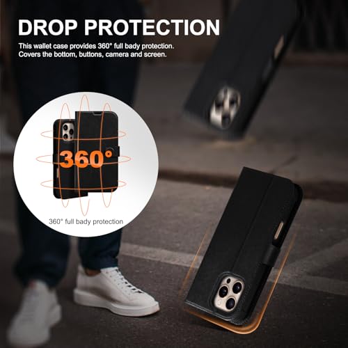 Leather Case Compatible with iPhone 16 Pro Max Wallet 6.9" Black | Genuine Leather 2-in-1 Magnetic Detachable Shockproof,Flip Folio Cover with Card Slot,Wireless Charging RFID Blocking - color: Black, size: 16 Pro Max