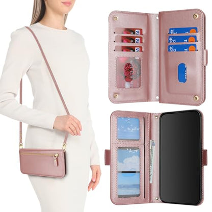 for iPhone 15 Pro Wallet Case for Women,for iPhone 15 Pro Case with Strap Crossbody Lanyard,PU Leather Shockproof Card Holder Stand Zipper Pocket Flip Phone Case-Rose Gold - color: Rose gold