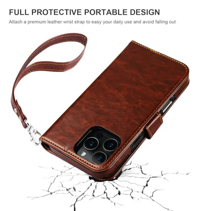 Bocasal Detachable Wallet Case Card Holder for iPhone 16 Pro Max Brown | RFID Blocking Kickstand Card Slots Holder PU Leather Magnetic Shockproof Wrist Strap Removable Flip Protective Cover 6.9 inch - color: Brown