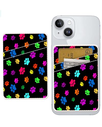 Dual Pocket Leather Phone Wallet Adhesive Stick On, Cute Card Holder, Credit Card Holder for Case - Compatible with Most Phones, Cute Colorful Paw - color: Cute Colorful Paw