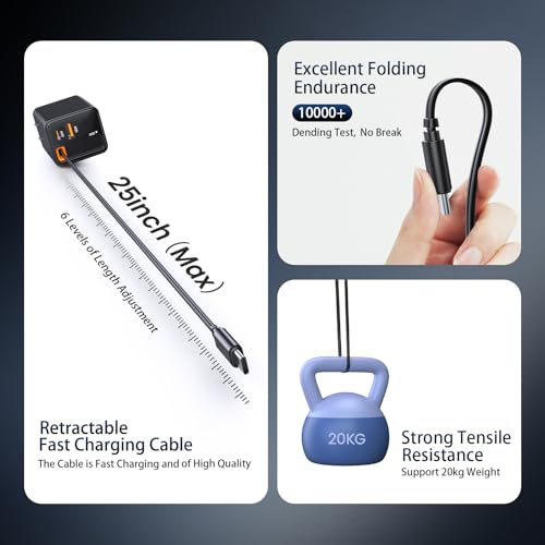 Retractable Charger, 83W Retractable USB C Charger with Type-C Cable and QC18W PD30W Port, PD PPS Fast Charging Block with Foldable Plug for iPhone 17 16 15 14 13 12 11, Galaxy, LG, Pixel, Tablet