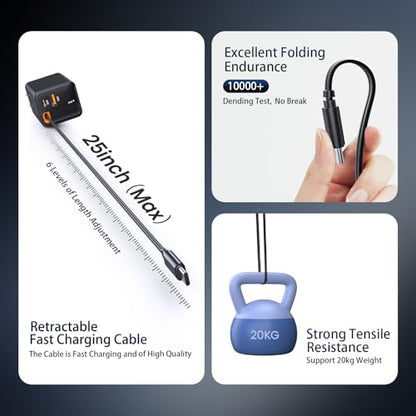 Retractable Charger, 83W Retractable USB C Charger with Type-C Cable and QC18W PD30W Port, PD PPS Fast Charging Block with Foldable Plug for iPhone 17 16 15 14 13 12 11, Galaxy, LG, Pixel, Tablet