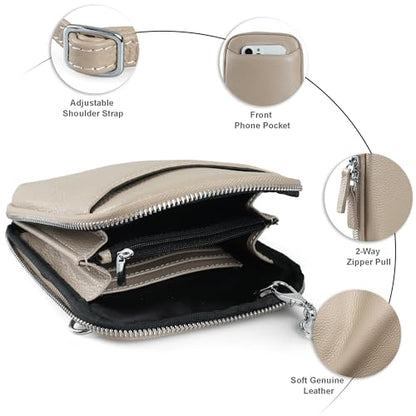 befen Genuine Leather Crossbody Cell Phone Purse for Women, Small Zip Around RFID Blocking Crossbody Wallet Bags - color: Milk Tea Gray