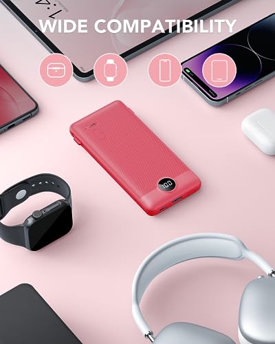 Portable Charger Built-in Cables and AC Wall Plug, VRURC USB C Power Bank 10000mAh, Travel Battery Portable Phone Charger Compact Lightweight External Battery Pack for SmartPhones,Tablets-Viva Magenta - color: Viva Magenta