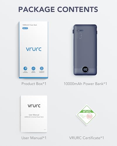 VRURC Portable Charger Built-in Cables and AC Wall Plug, USB C Power Bank 10000mAh, Travel Battery Portable Phone Charger Compact Lightweight External Battery Pack for Smart Phones, Tablets etc-Navy - color: Navy