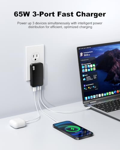 Flat USB C Wall Charger: 65W 3-Port USB Charger Block, Ultra Slim Fast Charging Block for iPhone 17/16/15/14, MacBook Pro/Air, iPad, Samsung Galaxy S25/24/23, Pixel, Steam Deck - color: Black